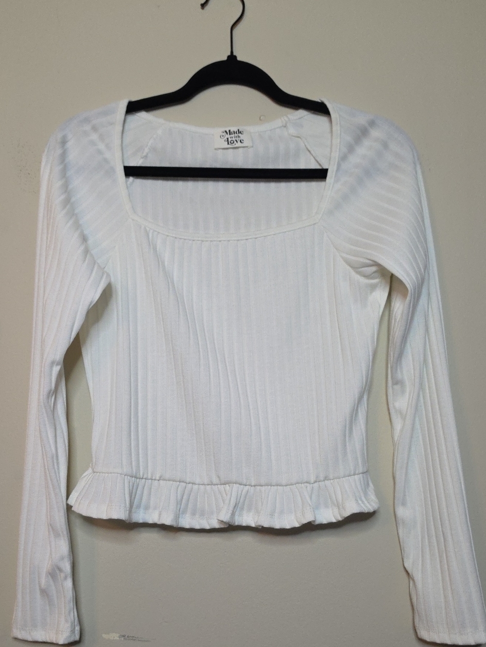 Made By Love White Ribbed Square-Neck Long Sleeve Top with Ruffle Hem